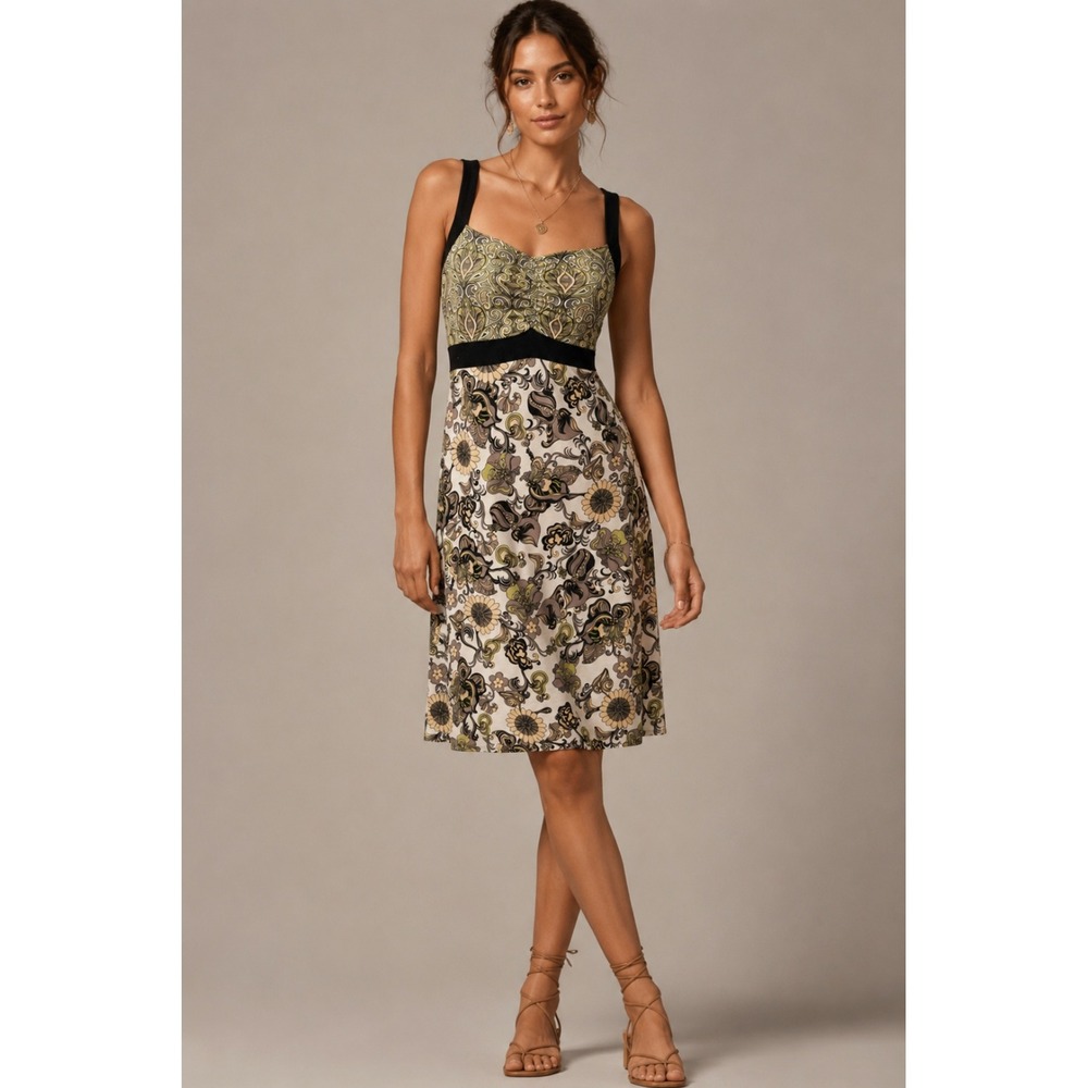 prAna Amaya Paisley Dress S/M Green Floral Empire Waist Boho Athleisure Gorpcore